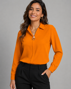 Long Sleeve Button Down Shirt - Collared V-Neck Casual Dress Blouse - Luxxella