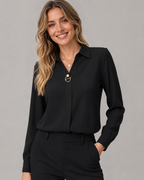 Long Sleeve Button Down Shirt - Collared V-Neck Casual Dress Blouse - Luxxella