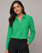 Long Sleeve Button Down Shirt - Collared V-Neck Casual Dress Blouse - Luxxella