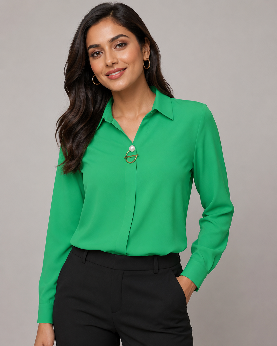 Long Sleeve Button Down Shirt - Collared V-Neck Casual Dress Blouse - Luxxella