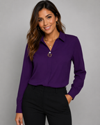 Long Sleeve Button Down Shirt - Collared V-Neck Casual Dress Blouse - Luxxella