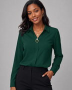 Long Sleeve Button Down Shirt - Collared V-Neck Casual Dress Blouse - Luxxella