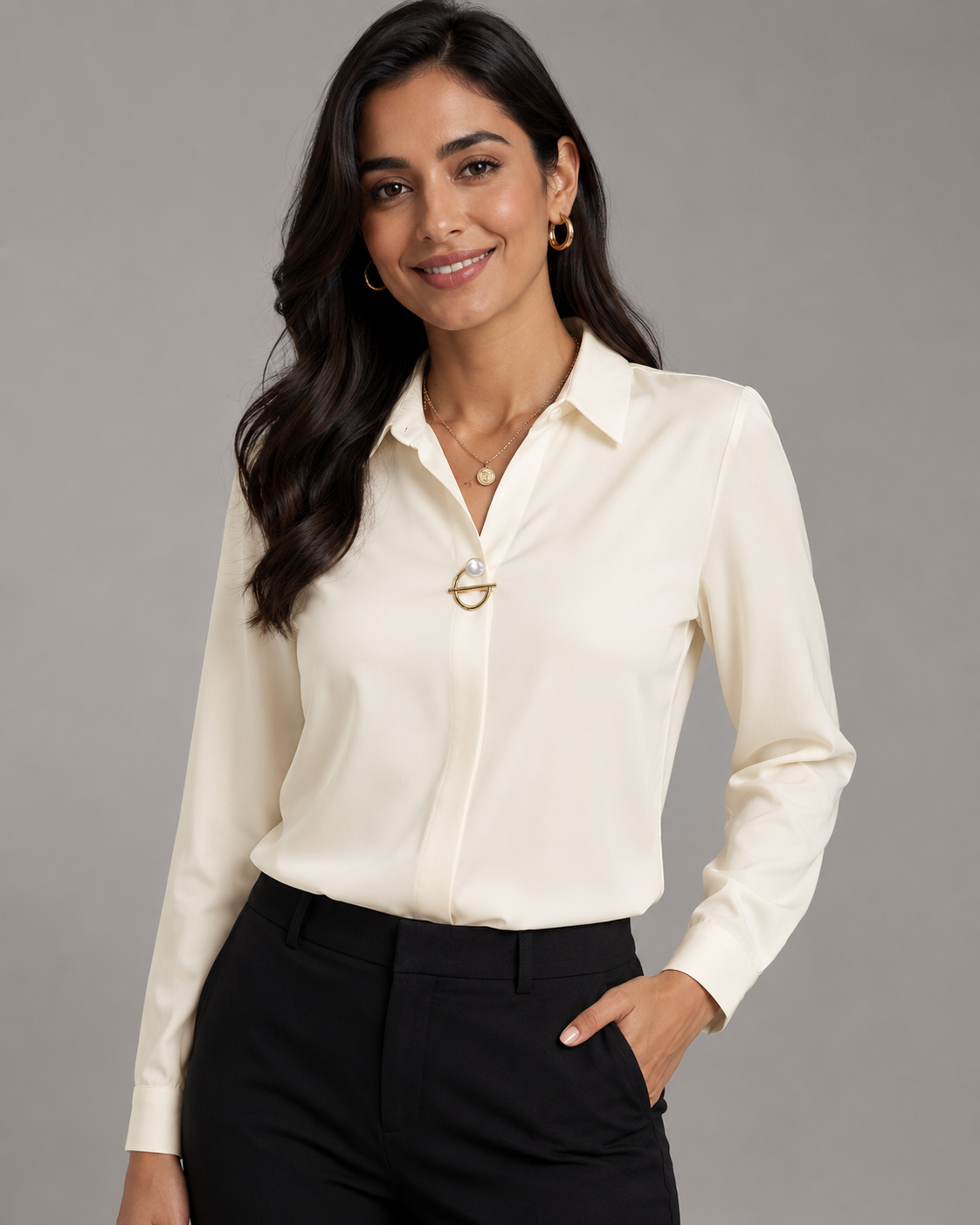 Long Sleeve Button Down Shirt - Collared V-Neck Casual Dress Blouse - Luxxella
