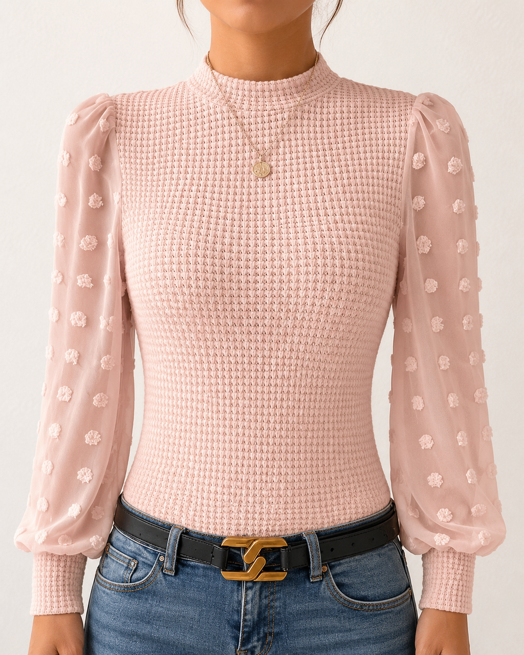 Long Sleeve Elegant Knit Top Sheer Mesh Swiss Dot Puff Sleeve Blouse Mock Neck Ribbed Slim Fit Sweater Jumper - Luxxella