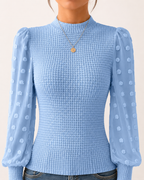 Long Sleeve Elegant Knit Top Sheer Mesh Swiss Dot Puff Sleeve Blouse Mock Neck Ribbed Slim Fit Sweater Jumper - Luxxella