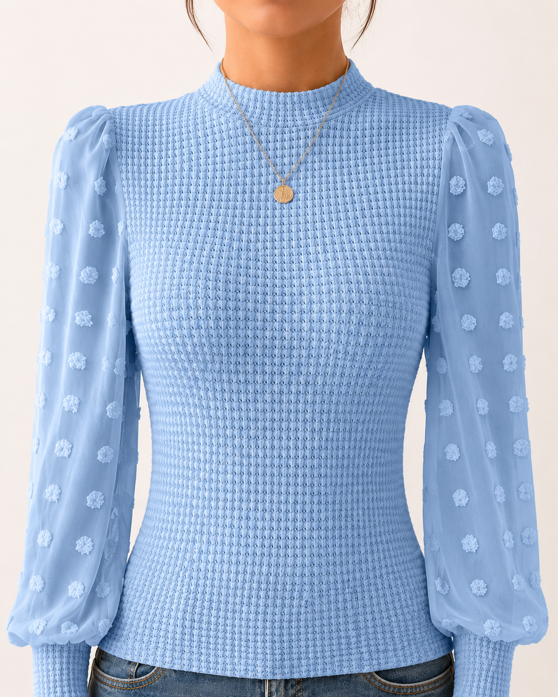 Long Sleeve Elegant Knit Top Sheer Mesh Swiss Dot Puff Sleeve Blouse Mock Neck Ribbed Slim Fit Sweater Jumper - Luxxella