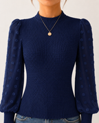 Long Sleeve Elegant Knit Top Sheer Mesh Swiss Dot Puff Sleeve Blouse Mock Neck Ribbed Slim Fit Sweater Jumper - Luxxella