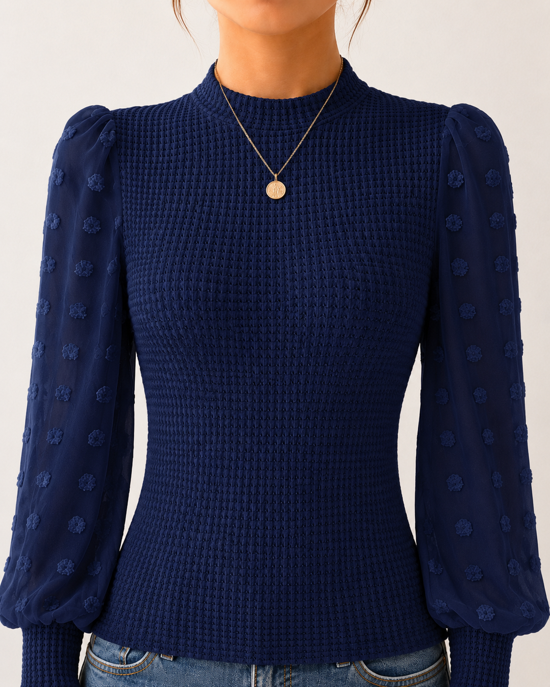 Long Sleeve Elegant Knit Top Sheer Mesh Swiss Dot Puff Sleeve Blouse Mock Neck Ribbed Slim Fit Sweater Jumper - Luxxella