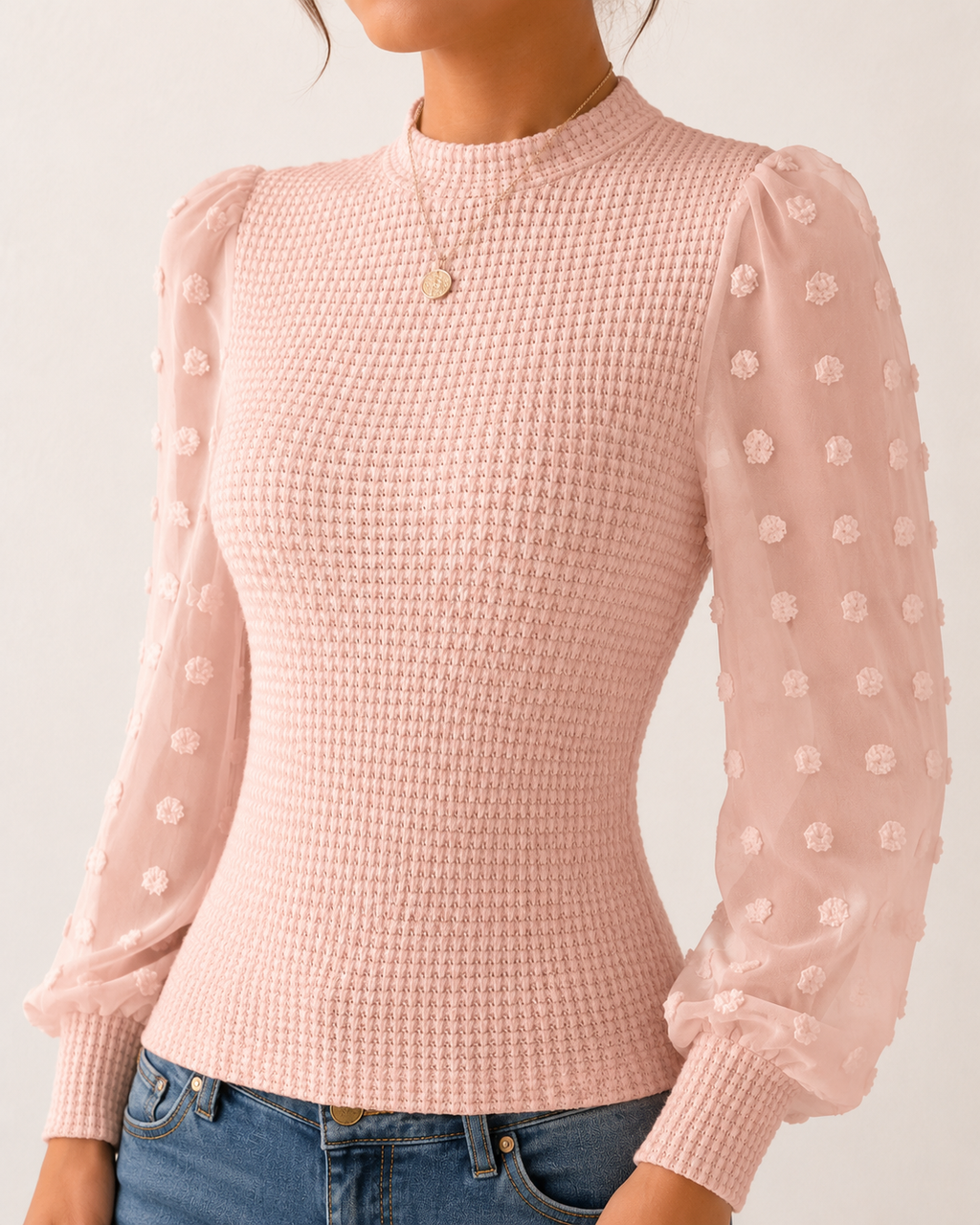 Long Sleeve Elegant Knit Top Sheer Mesh Swiss Dot Puff Sleeve Blouse Mock Neck Ribbed Slim Fit Sweater Jumper - Luxxella