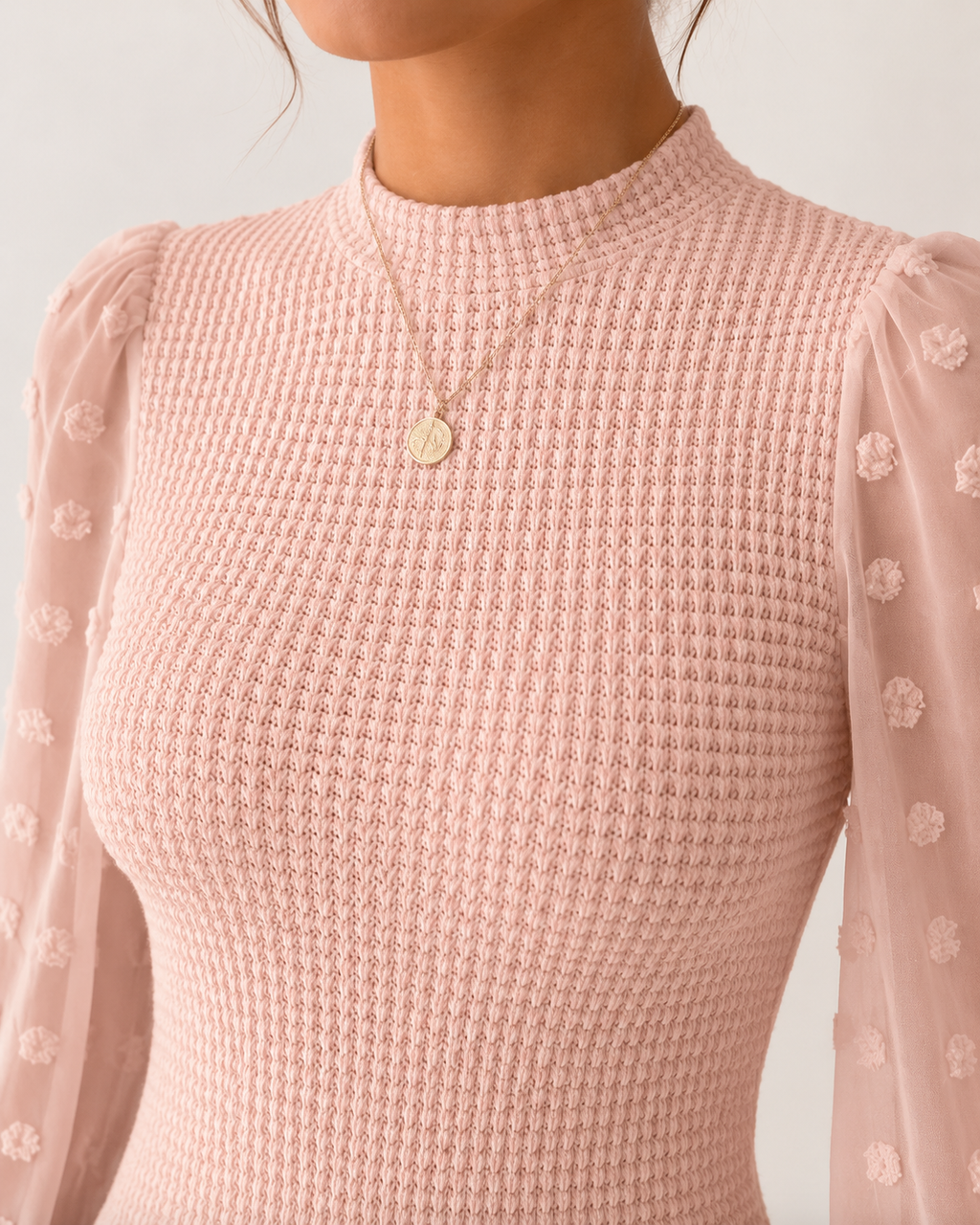 Long Sleeve Elegant Knit Top Sheer Mesh Swiss Dot Puff Sleeve Blouse Mock Neck Ribbed Slim Fit Sweater Jumper - Luxxella
