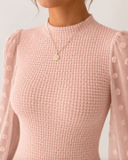 Long Sleeve Elegant Knit Top Sheer Mesh Swiss Dot Puff Sleeve Blouse Mock Neck Ribbed Slim Fit Sweater Jumper - Luxxella