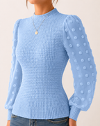 Long Sleeve Elegant Knit Top Sheer Mesh Swiss Dot Puff Sleeve Blouse Mock Neck Ribbed Slim Fit Sweater Jumper - Luxxella