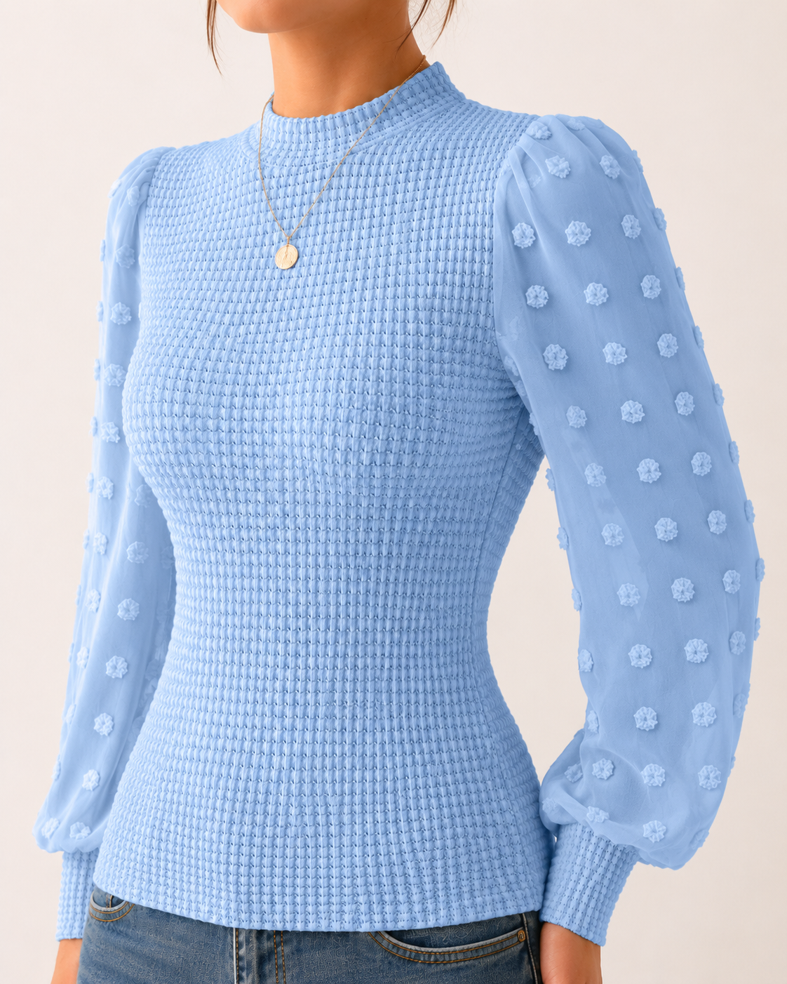 Long Sleeve Elegant Knit Top Sheer Mesh Swiss Dot Puff Sleeve Blouse Mock Neck Ribbed Slim Fit Sweater Jumper - Luxxella