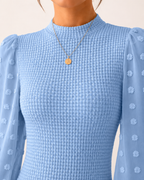 Long Sleeve Elegant Knit Top Sheer Mesh Swiss Dot Puff Sleeve Blouse Mock Neck Ribbed Slim Fit Sweater Jumper - Luxxella