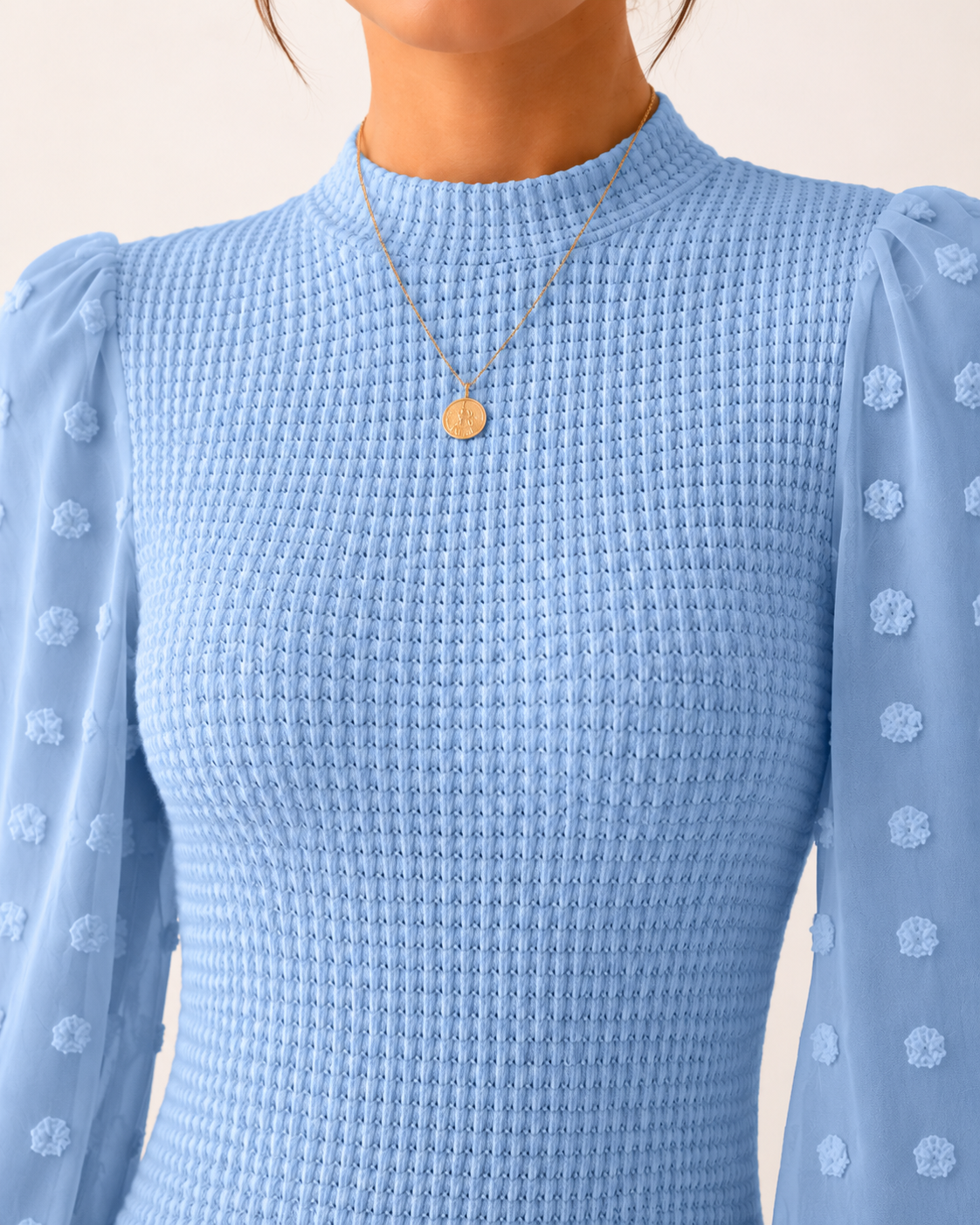 Long Sleeve Elegant Knit Top Sheer Mesh Swiss Dot Puff Sleeve Blouse Mock Neck Ribbed Slim Fit Sweater Jumper - Luxxella