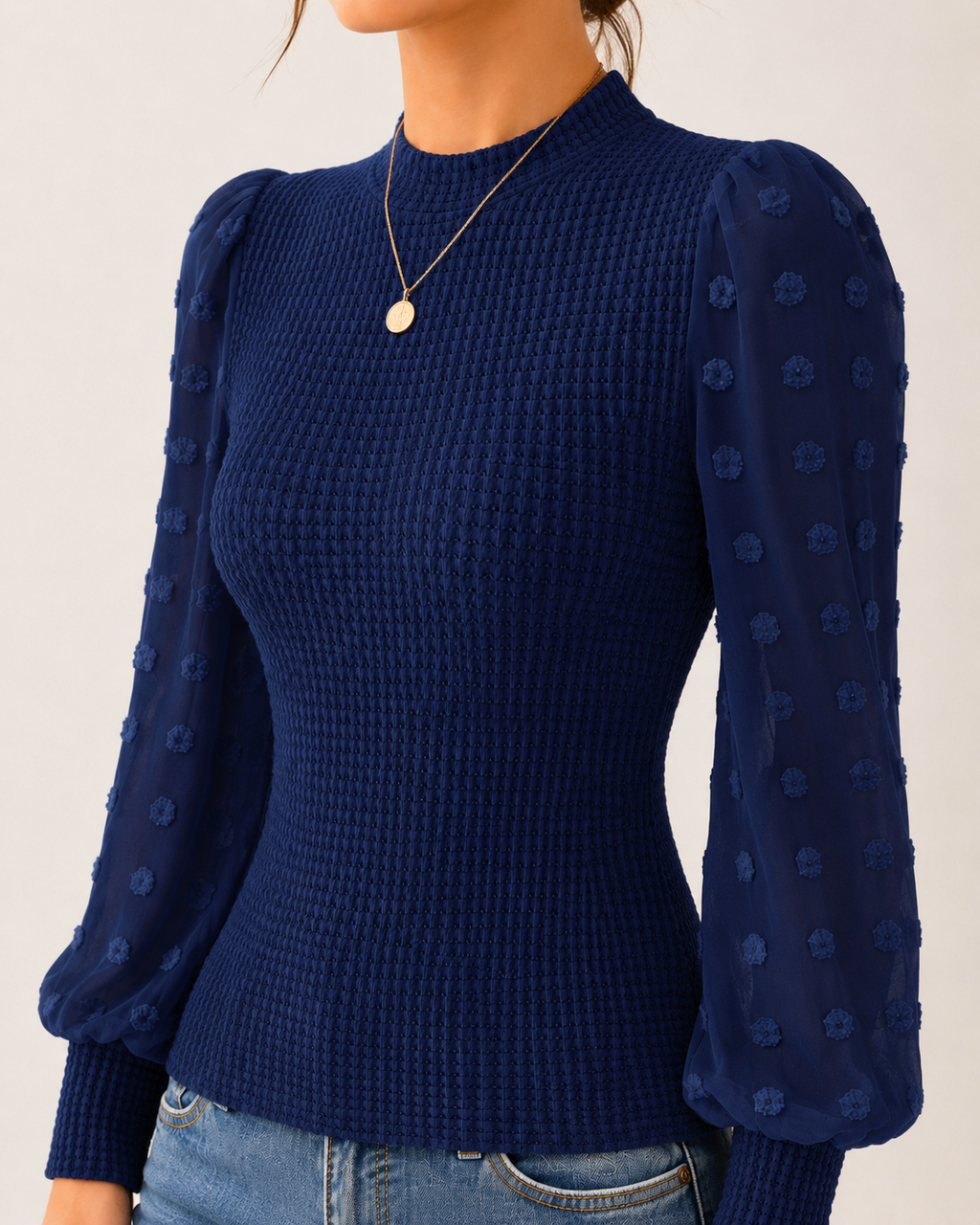 Long Sleeve Elegant Knit Top Sheer Mesh Swiss Dot Puff Sleeve Blouse Mock Neck Ribbed Slim Fit Sweater Jumper - Luxxella