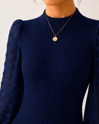 Long Sleeve Elegant Knit Top Sheer Mesh Swiss Dot Puff Sleeve Blouse Mock Neck Ribbed Slim Fit Sweater Jumper - Luxxella