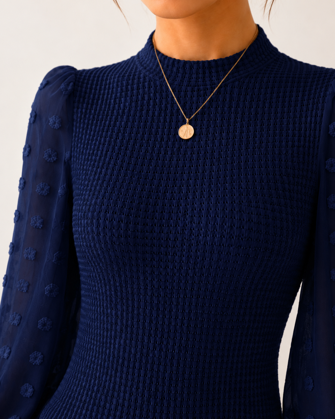 Long Sleeve Elegant Knit Top Sheer Mesh Swiss Dot Puff Sleeve Blouse Mock Neck Ribbed Slim Fit Sweater Jumper - Luxxella
