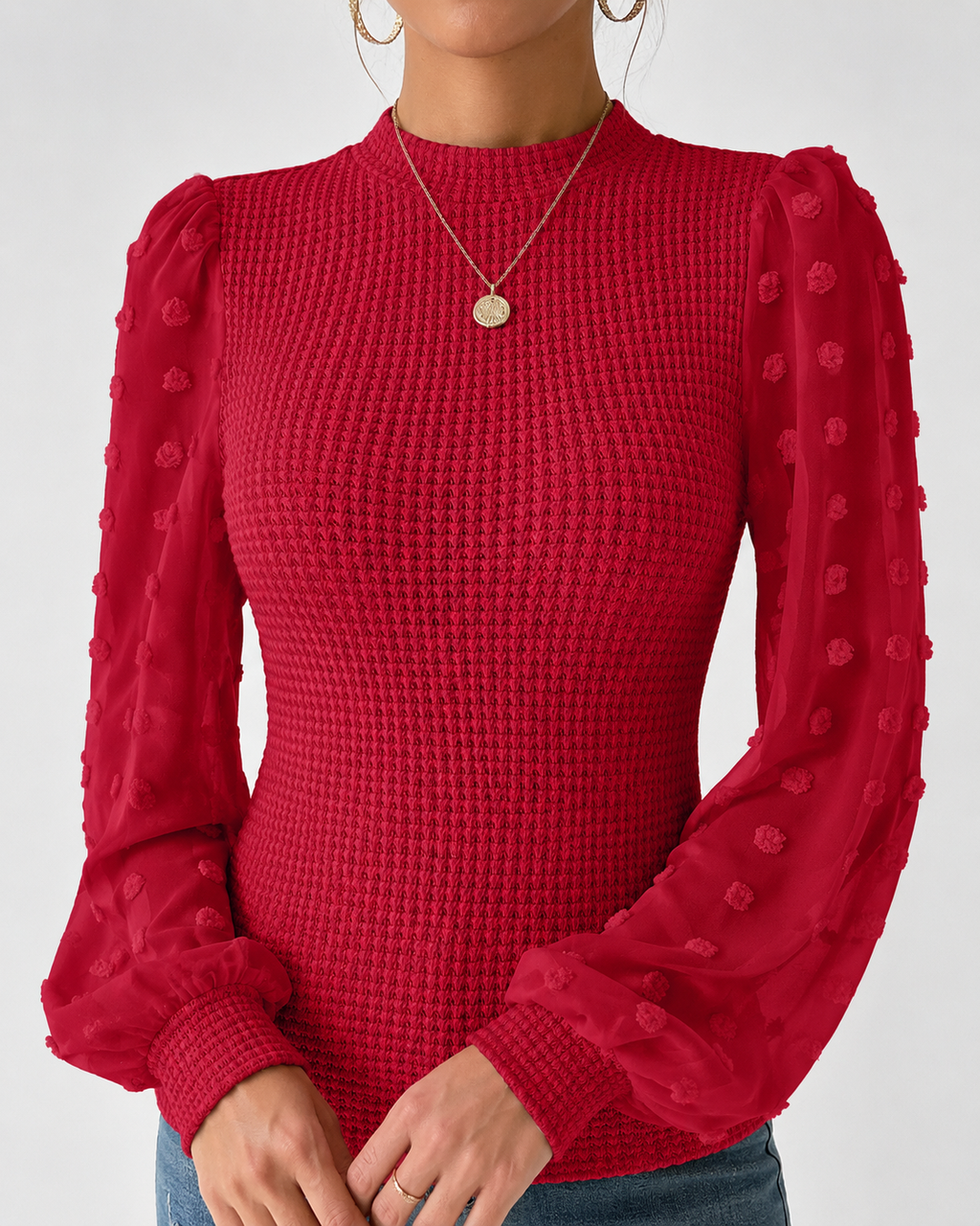 Long Sleeve Elegant Knit Top Sheer Mesh Swiss Dot Puff Sleeve Blouse Mock Neck Ribbed Slim Fit Sweater Jumper - Luxxella