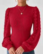 Long Sleeve Elegant Knit Top Sheer Mesh Swiss Dot Puff Sleeve Blouse Mock Neck Ribbed Slim Fit Sweater Jumper - Luxxella