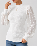Long Sleeve Elegant Knit Top Sheer Mesh Swiss Dot Puff Sleeve Blouse Mock Neck Ribbed Slim Fit Sweater Jumper - Luxxella