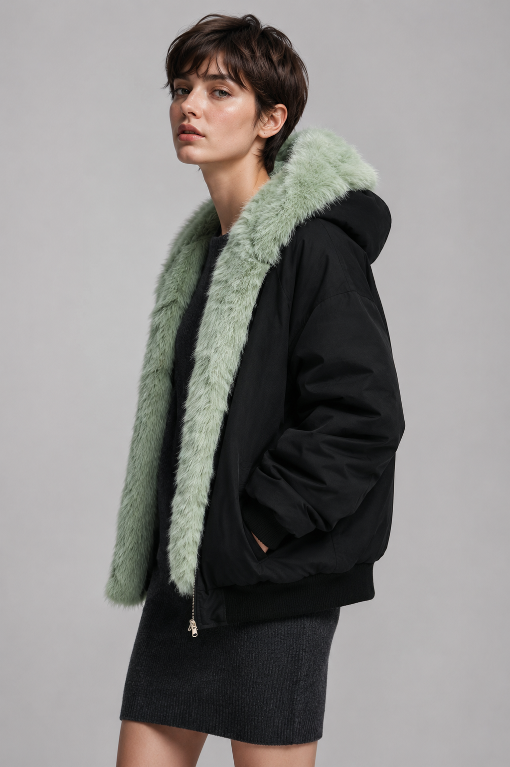 Damen Oversized Kapuzen-Bomberjacke, Kunstfell gefüttert, dicker warmer gepolsterter Parka, Salbeigrün Schwarz