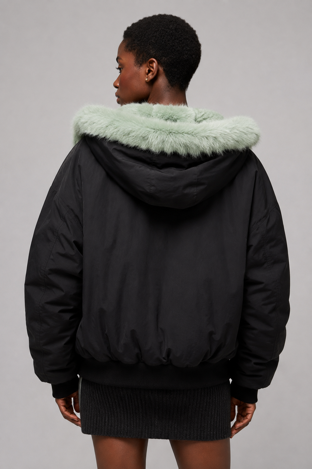 Damen Oversized Kapuzen-Bomberjacke, Kunstfell gefüttert, dicker warmer gepolsterter Parka, Salbeigrün Schwarz