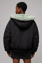 Damen Oversized Kapuzen-Bomberjacke, Kunstfell gefüttert, dicker warmer gepolsterter Parka, Salbeigrün Schwarz