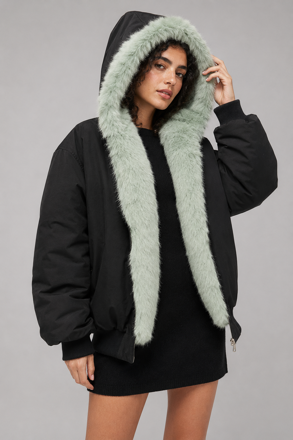 Damen Oversized Kapuzen-Bomberjacke, Kunstfell gefüttert, dicker warmer gepolsterter Parka, Salbeigrün Schwarz