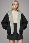 Damen Oversized Kapuzen-Bomberjacke, Kunstfell gefüttert, dicker warmer gepolsterter Parka, Salbeigrün Schwarz