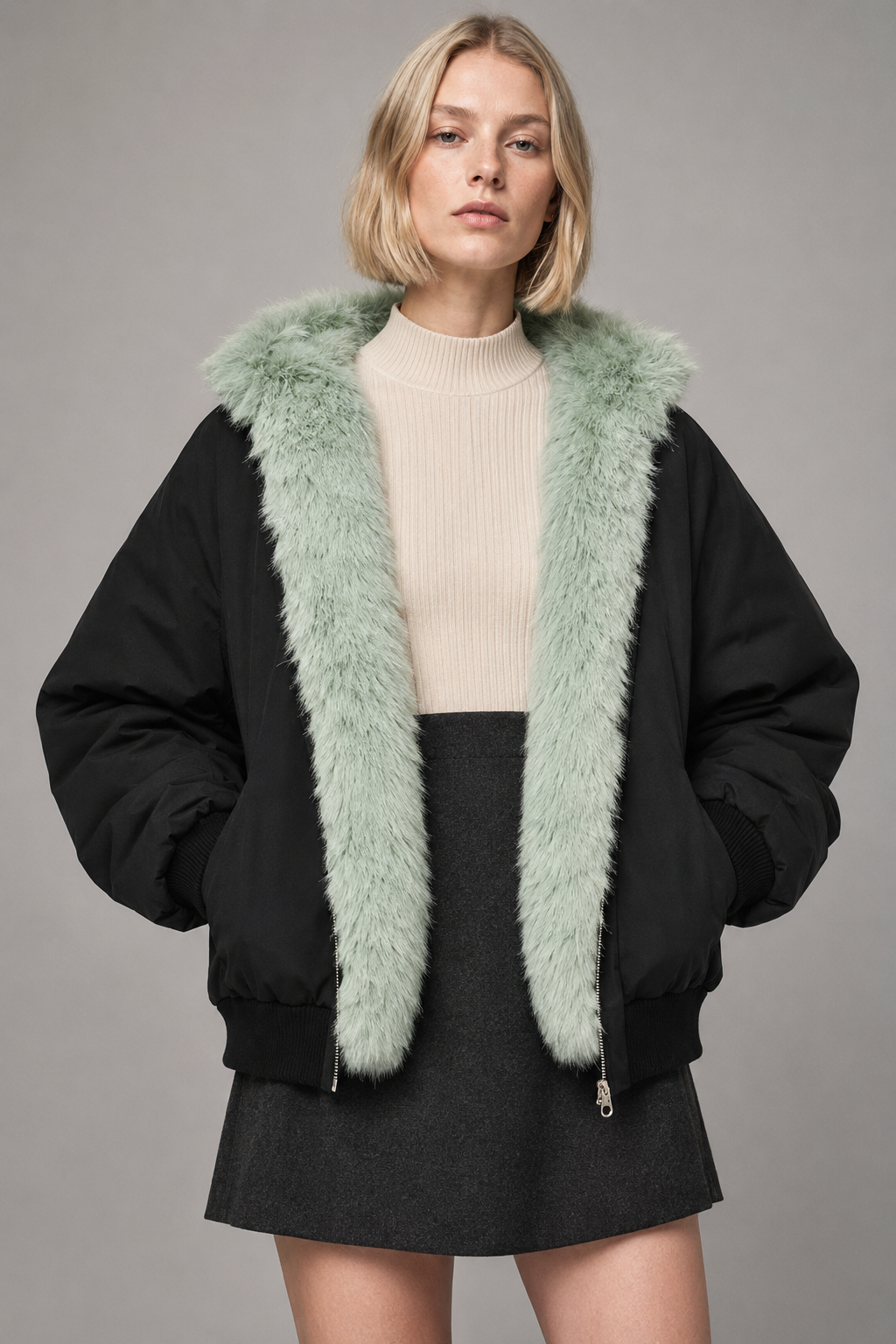 Damen Oversized Kapuzen-Bomberjacke, Kunstfell gefüttert, dicker warmer gepolsterter Parka, Salbeigrün Schwarz