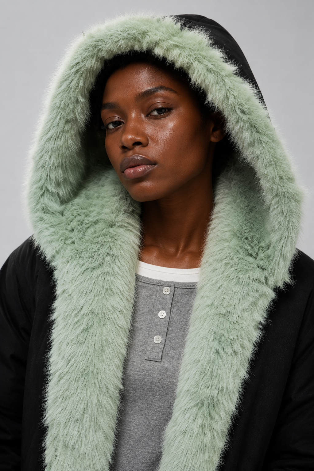 Damen Oversized Kapuzen-Bomberjacke, Kunstfell gefüttert, dicker warmer gepolsterter Parka, Salbeigrün Schwarz