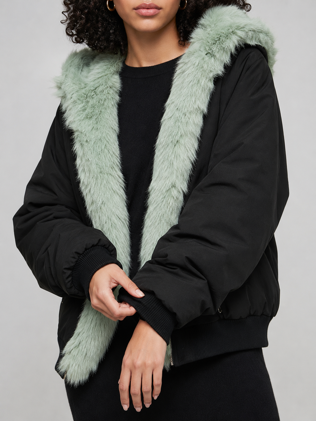 Damen Oversized Kapuzen-Bomberjacke, Kunstfell gefüttert, dicker warmer gepolsterter Parka, Salbeigrün Schwarz