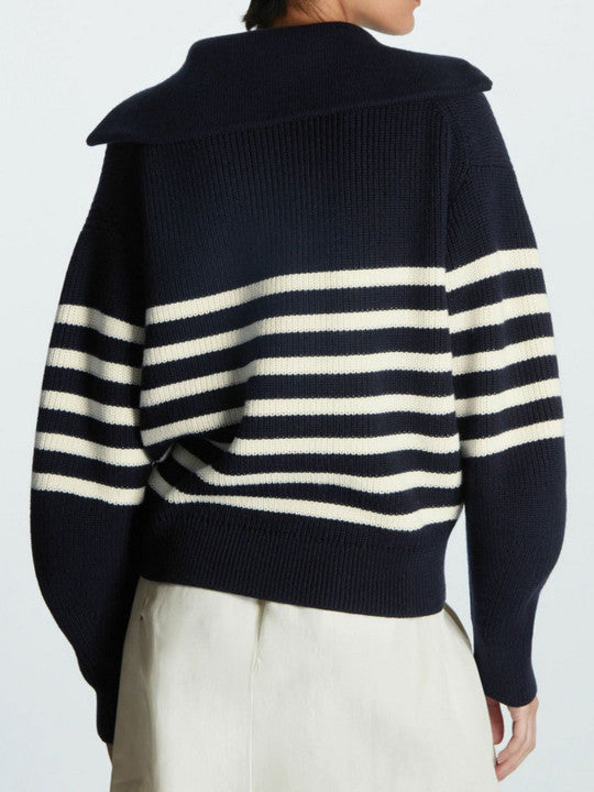 Women’s Breton Stripe Quarter-Zip Jumper - Fall Winter Heavyweight Wool-Cotton Sweater
