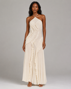 Pleated Halter Maxi Dress – Ruffled Asymmetric Wedding Guest Gown - Luxxella