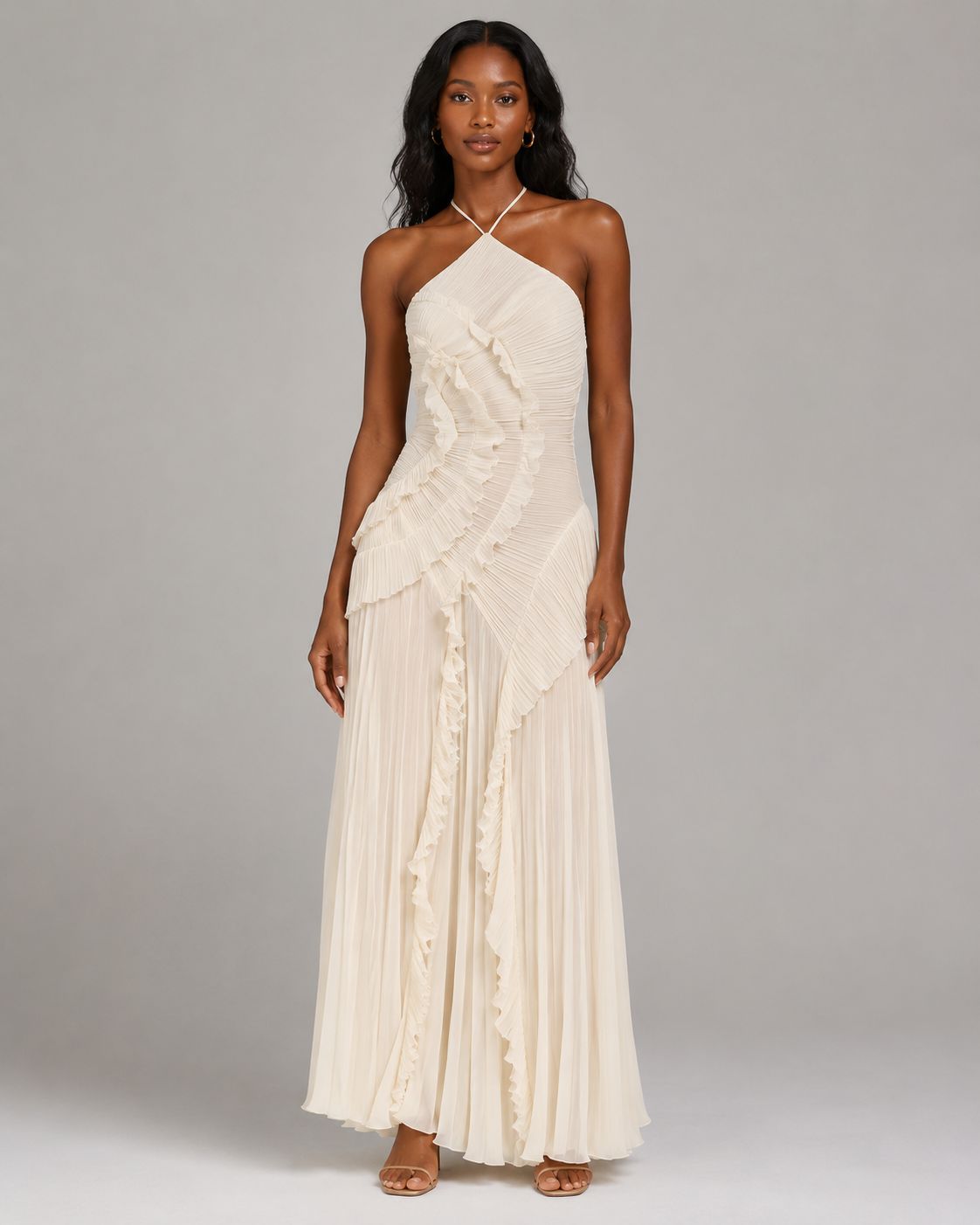 Pleated Halter Maxi Dress – Ruffled Asymmetric Wedding Guest Gown - Luxxella
