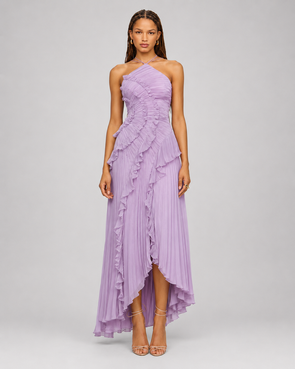 Pleated Halter Maxi Dress – Ruffled Asymmetric Wedding Guest Gown - Luxxella