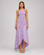 Pleated Halter Maxi Dress – Ruffled Asymmetric Wedding Guest Gown - Luxxella