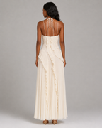 Pleated Halter Maxi Dress – Ruffled Asymmetric Wedding Guest Gown - Luxxella