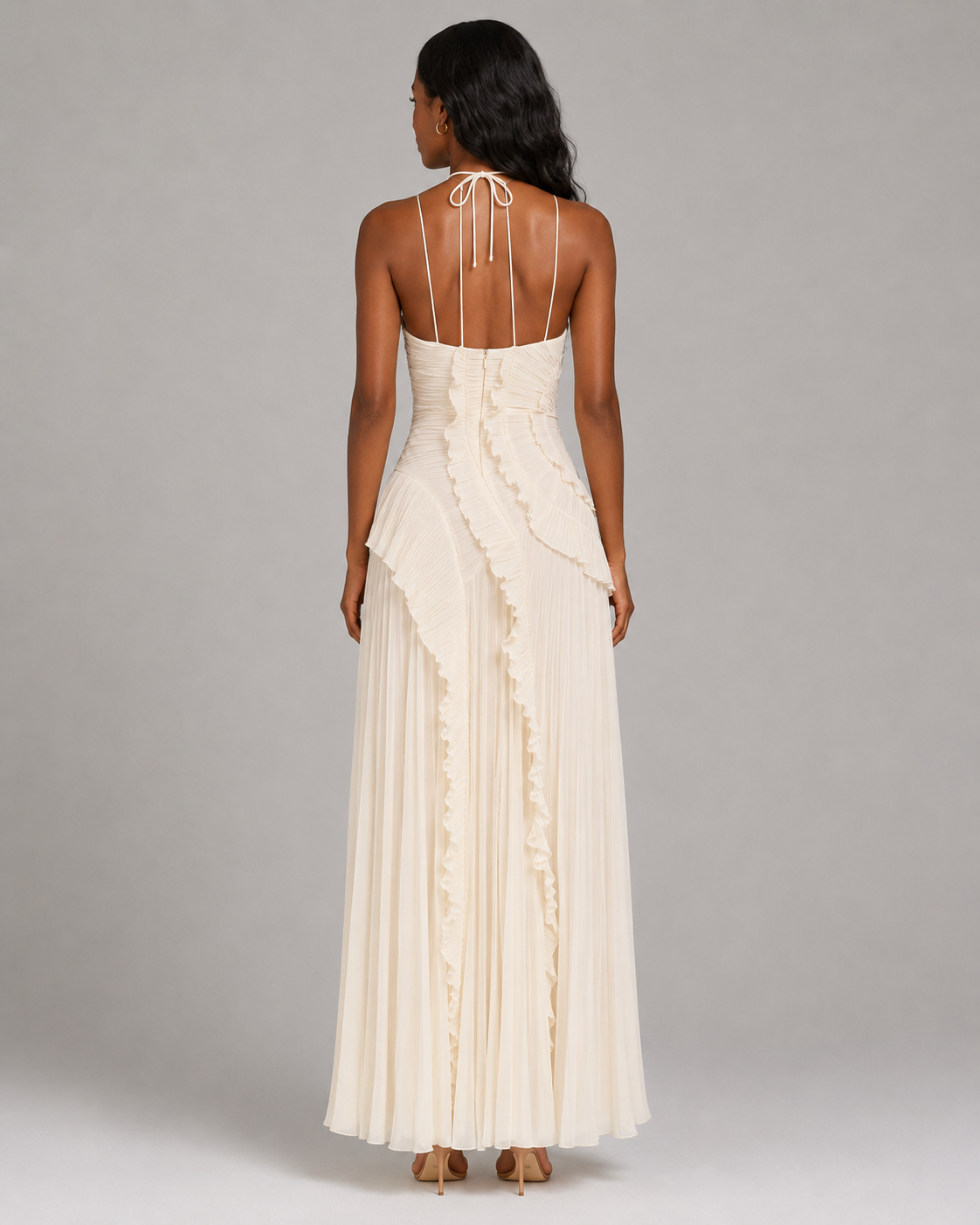 Pleated Halter Maxi Dress – Ruffled Asymmetric Wedding Guest Gown - Luxxella