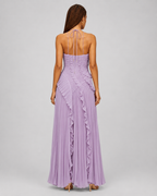 Pleated Halter Maxi Dress – Ruffled Asymmetric Wedding Guest Gown - Luxxella