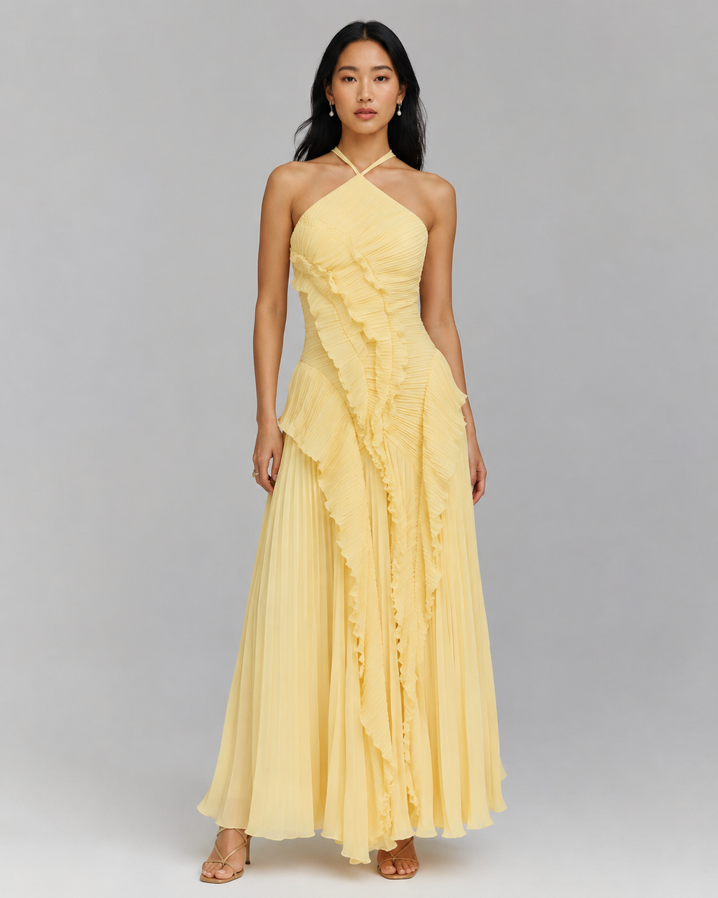 Pleated Halter Maxi Dress – Ruffled Asymmetric Wedding Guest Gown - Luxxella