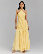 Pleated Halter Maxi Dress – Ruffled Asymmetric Wedding Guest Gown - Luxxella