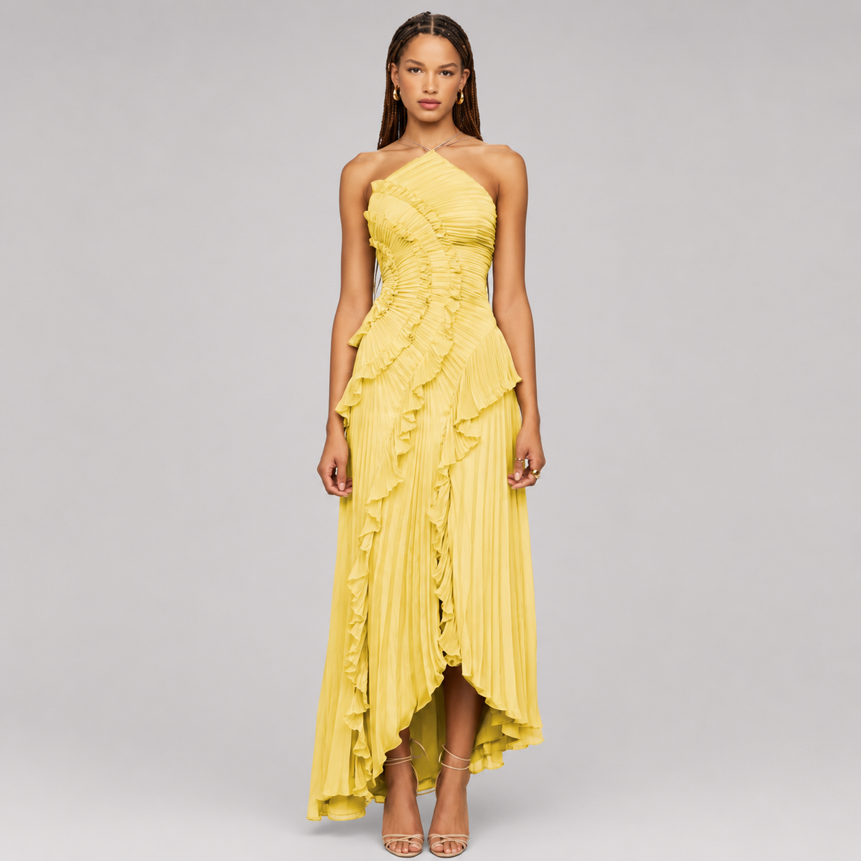 Women's Pleated Halter Maxi Dress - Ruffled Asymmetric Wedding Guest Gown