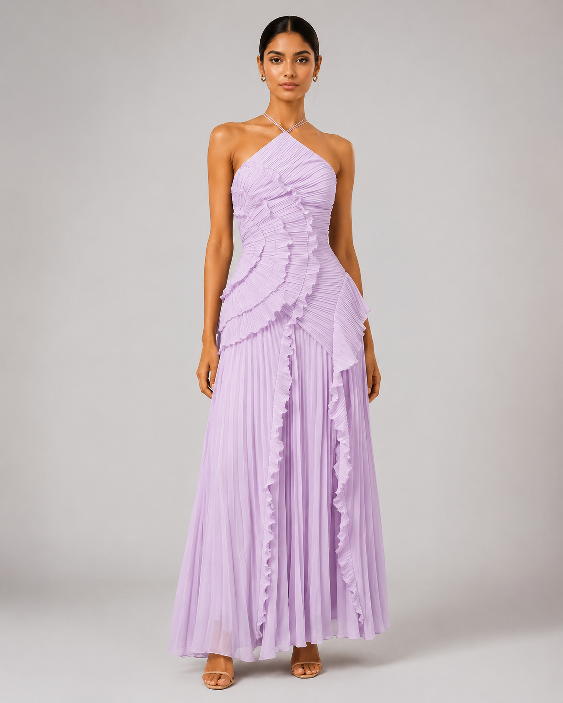 Pleated Halter Maxi Dress – Ruffled Asymmetric Wedding Guest Gown - Luxxella