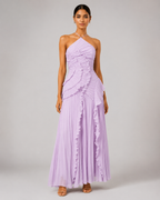 Pleated Halter Maxi Dress – Ruffled Asymmetric Wedding Guest Gown - Luxxella
