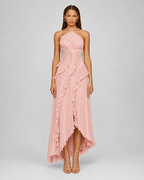 Pleated Halter Maxi Dress – Ruffled Asymmetric Wedding Guest Gown - Luxxella