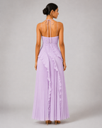 Pleated Halter Maxi Dress – Ruffled Asymmetric Wedding Guest Gown - Luxxella