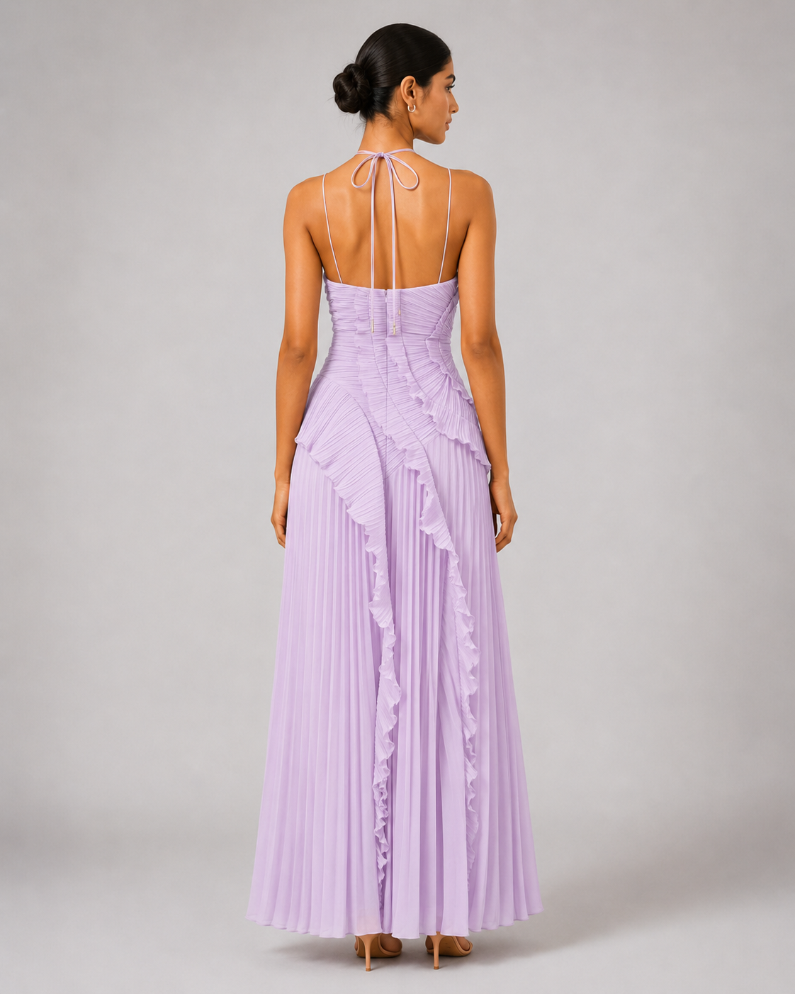 Pleated Halter Maxi Dress – Ruffled Asymmetric Wedding Guest Gown - Luxxella