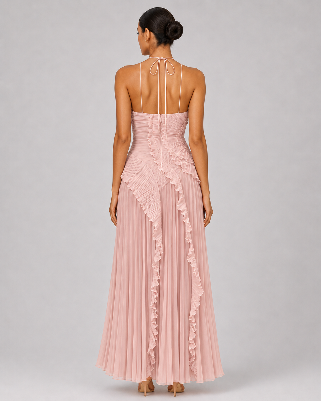 Women's Pleated Halter Maxi Dress - Ruffled Asymmetric Wedding Guest Gown